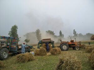 A field with tractors working in a dusty environment.